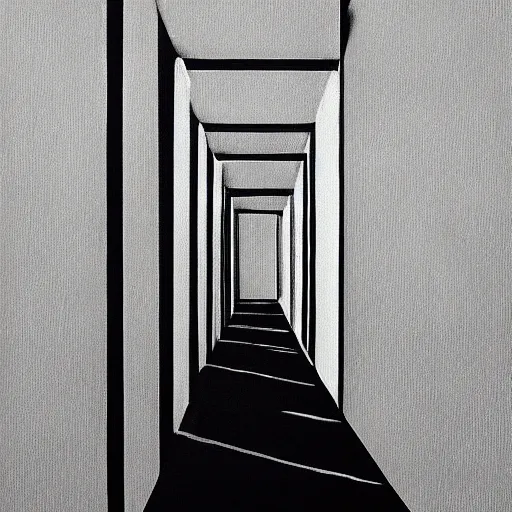 Prompt: a solemn simulacrum, standing inside an infinite corridor, trending on artstation, abstract black and white painting