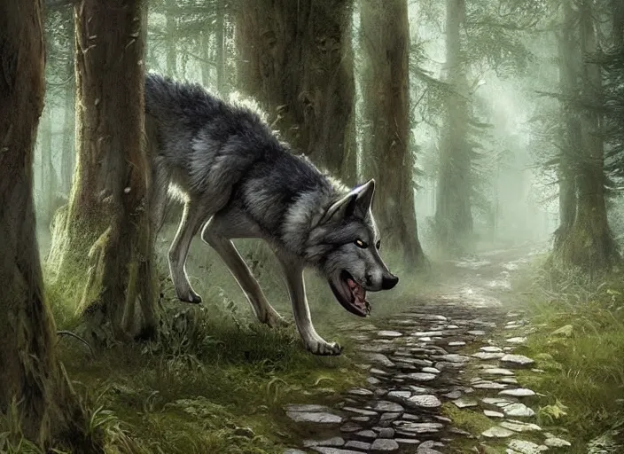 Prompt: a beautiful wolf on a pathway in a forest, lush trees, a fantasy digital painting by greg rutkowski and james gurney, trending on artstation, highly detailed