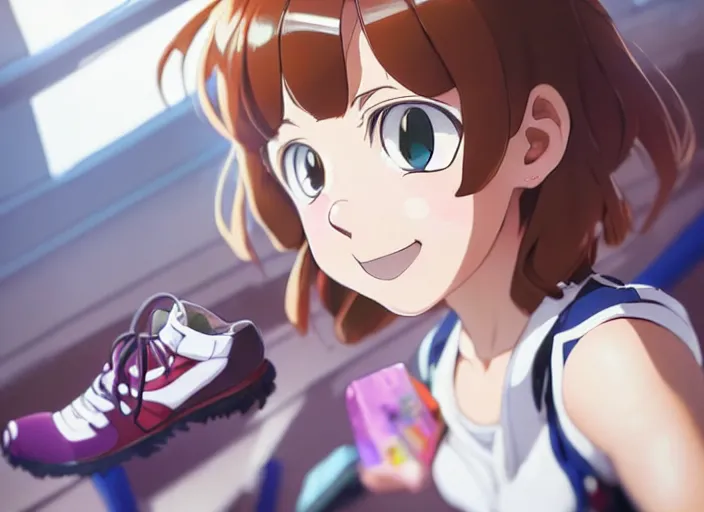 Image similar to closeup portrait of ochaco uraraka from my hero academia taking a selfie with her shoe collection, comfy, lofi, gentle, anime, intricate, sharp focus, lens flare, bloom, illustration, highly detailed, digital painting, concept art, matte, art by ruan jia and wlop and greg rutkowski, masterpiece