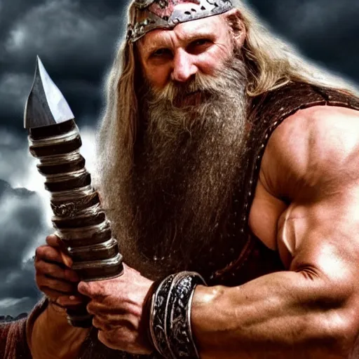 Image similar to king barbarian old cosmic viking, muscular man, viking armor, odin