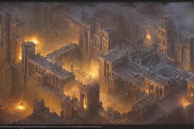 Prompt: intricate matte painting of an epic stronghold crusader planescape map, highly detailed iridescent dimly lit exterior with shafts of iridescent light bouncing off magical realms, by Christophe Vacher and Bastien Lecouffe-Deharme, artstation