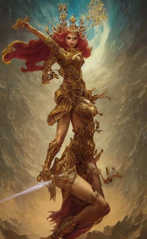 Image similar to playing card of ascending full body redhead goddess , intricate armor, highly detailed, glowing, action pose, cinematic, Art Deco, gold filigree, ethereal, artgerm, alfonso mucha, zdzisław beksiński, Andrei ryabovichev, Shaun tan, Chriss foss, Peter mohrbacher, 8k