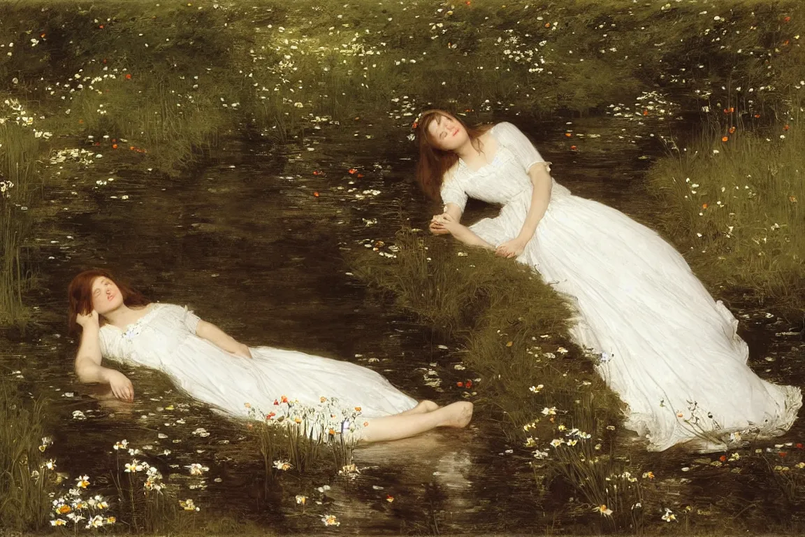 Prompt: Beautiful woman lying horizontal in a dark water stream. Flowers in hand. White dress, light dark long hair. Apathetic, pale. Poppies, daisies, pansies. Most accurate and elaborate studies of nature ever made. The background Hogsmill river in Surrey, rich Forest, dark, wood, bushes. Naturalistic. Painting by John Everett Millais.