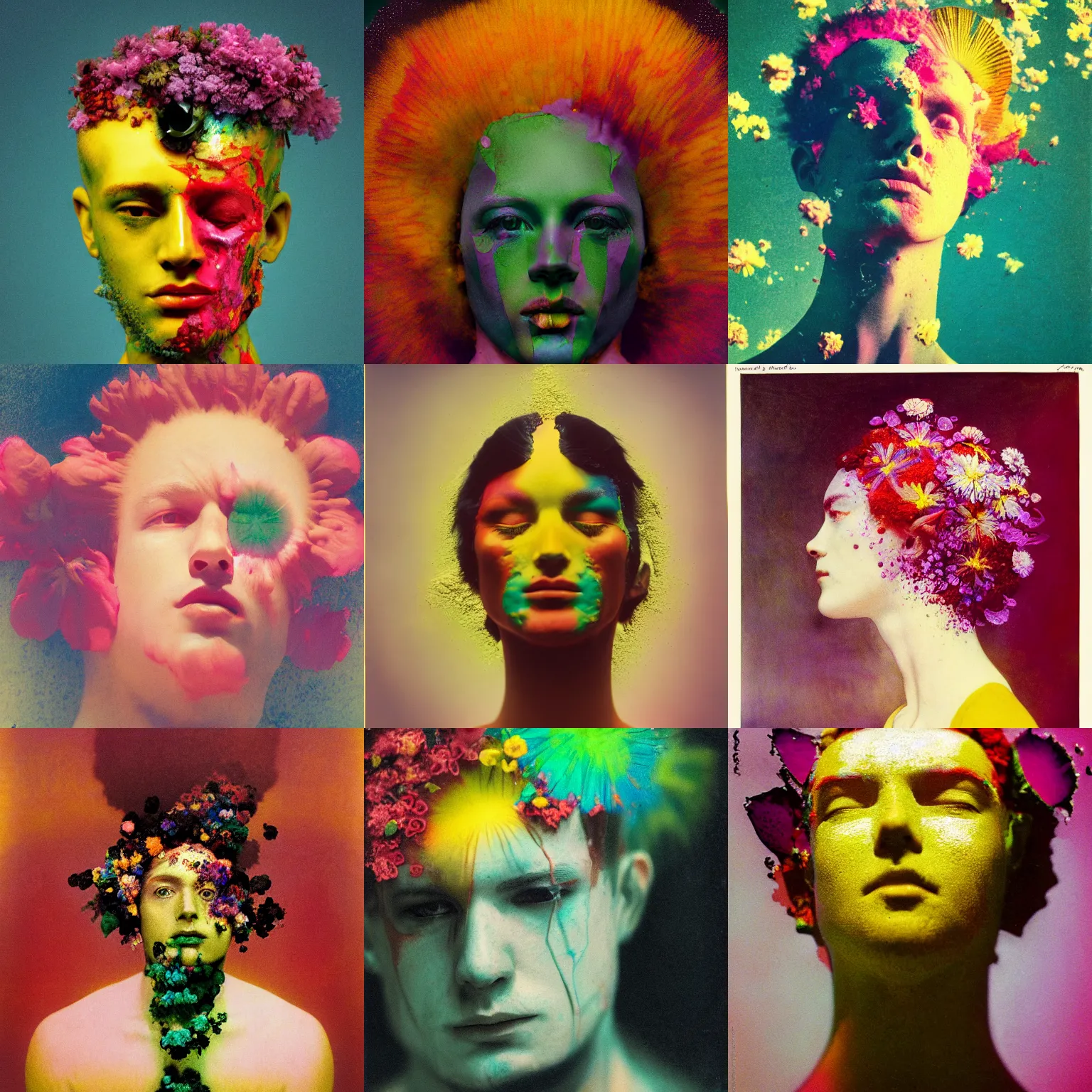 Prompt: colorful melting human head, kodak portra, 8 k, fine art portrait photography, flowers and blossoms, ferrofluids, fashion photography, maxfield parrish, camille vivier, moebius, james jean, yoji shinkawa, odilon redon, gaston bussiere, eugene grasset, janis rozentals