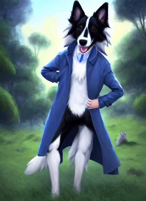 Prompt: full body digital painting of a cute male anthropomorphic border collie fursona wearing a trenchcoat and blue denim shorts in front of a park, furaffinity, scenic background, intricate, elegant, beautiful, fantasy, highly detailed, trending on artstation, art by charlie bowater and henry asencio and and ross tran