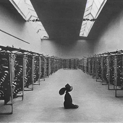 Image similar to a historical photograph of Marcel Duchamp surrounded my ancient machines in a vast empty white room, 1919, courtesy of Centre Pompidou