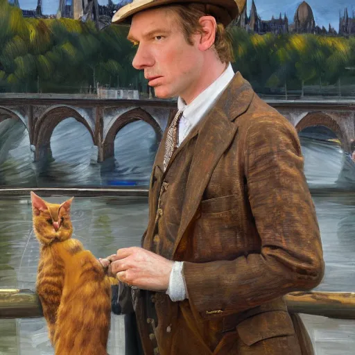 Prompt: high quality high detail painting by lucian freud, ewan mcgregor is standing by the river seine on a bridge in the morning. he is wearing a gentleman ´ s outfit with a bowler hat. next to him at his feet is lying a brown cat. ewan mcgregor is painting a canvas that is put on an easel. morning light, 4 k