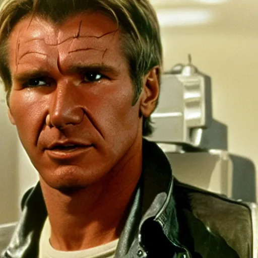 Image similar to head and shoulders portrait 3 5 mm cinema still of harrison ford playing the role of the terminator