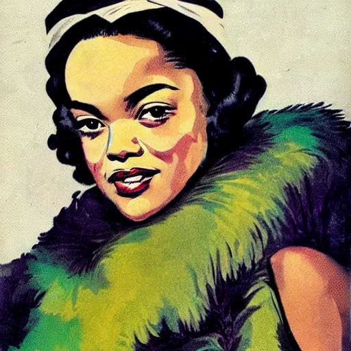 Prompt: “Tessa Thompson portrait, color vintage magazine illustration 1950”