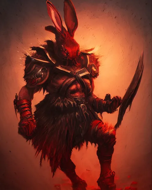 Image similar to Rabbit Berserker, rage, maniac, war paint, red, Khorne, magic the gathering artwork, D&D, fantasy, cinematic lighting, centered, symmetrical, highly detailed, digital painting, artstation, concept art, smooth, sharp focus, illustration, volumetric lighting, epic Composition, 8k, art by Akihiko Yoshida and Greg Rutkowski and Craig Mullins, oil painting, cgsociety