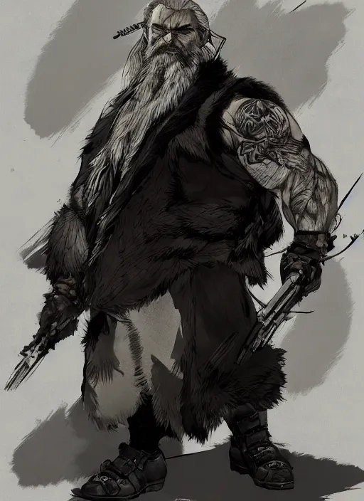 Image similar to Full body portrait of an old muscular man with blonde hair and beard wearing bear skin. In style of Yoji Shinkawa and Hyung-tae Kim, trending on ArtStation, dark fantasy, great composition, concept art, highly detailed.