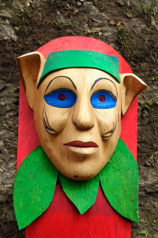 Image similar to a flat carved wooden elf mask face, brightly coloured, highly detailed, vintage folk art, colour photograph