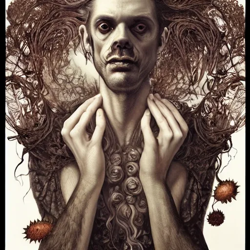 Image similar to portrait of extremely bizarre disturbing mutated man with intense chiaroscuro lighting in flowing dress, arrogant, mysterious, long fine flowing hair, delicate, looking at camera, realistic face, intricate, stylish, elegant, grim dark, flowers, extremely detailed photograph by Martine Johanna and Ernst Haeckel and Greg Rutkowski