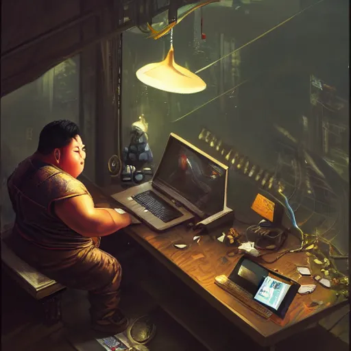 Image similar to an insanely detailed painting of a chubby asian man wearing a homemade superhero costumed, sitting at a computer desk typing on the keyboard, in the style of peter mohrbacher, dramatic lighting and composition, trending on artstation, concept art, comic book, graphic novel