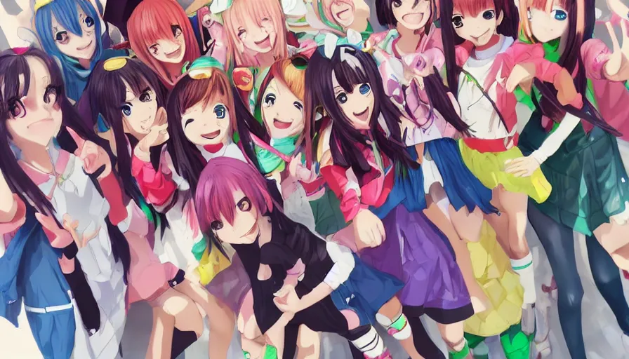 Image similar to group of cute anime characters jumping, colorful outfits, realistic face, detailed face, detailed eyes, short miniskirts, lightly dressed, ultra detailed digital art, hyper real, detailed, group photo, ultra detailed, ground up angle