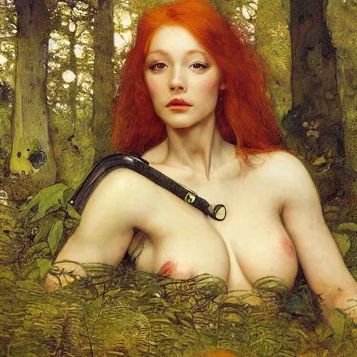 Image similar to beautiful female cyborg with auburn hair, lounging in the Marian forest at dusk, by Edgar Maxence and Ross Tran and Michael Whelan and Gustav Klimpt