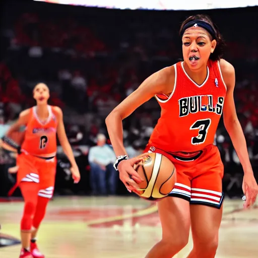 Prompt: candace parker playing basketball in a chicago bulls jersey