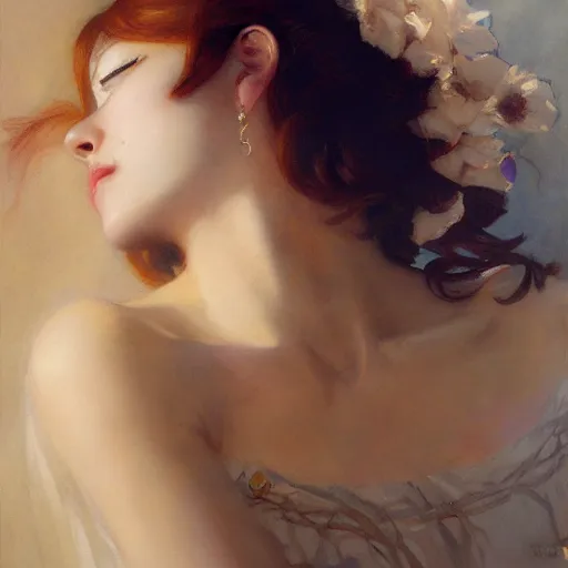 Prompt: a high fashion studio stunning portrait of a beautiful anime girl, smile, eyes closed, painting by gaston bussiere, craig mullins, j. c. leyendecker