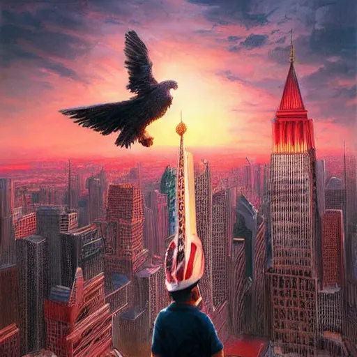 Image similar to a hyper realistic painting of a human with an eagle head, standing on the statue of liberty, watching the colorful city with highly detailed skyline, sunset, majestic, wonderful, fantasy, by Greg Rutkowski, Trending on Artstation, digital art