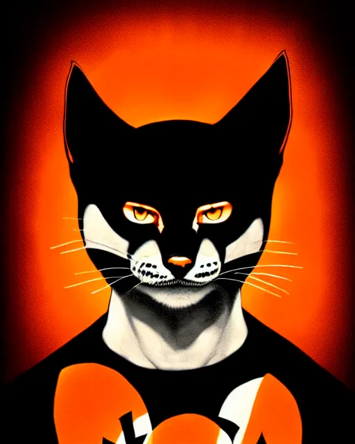 Image similar to artgerm, frank miller comic cover art, bobcat with orange fur, symmetrical eyes, symmetrical face, white shirt with red exclamation point logo, dark castle background, cinematic lighting