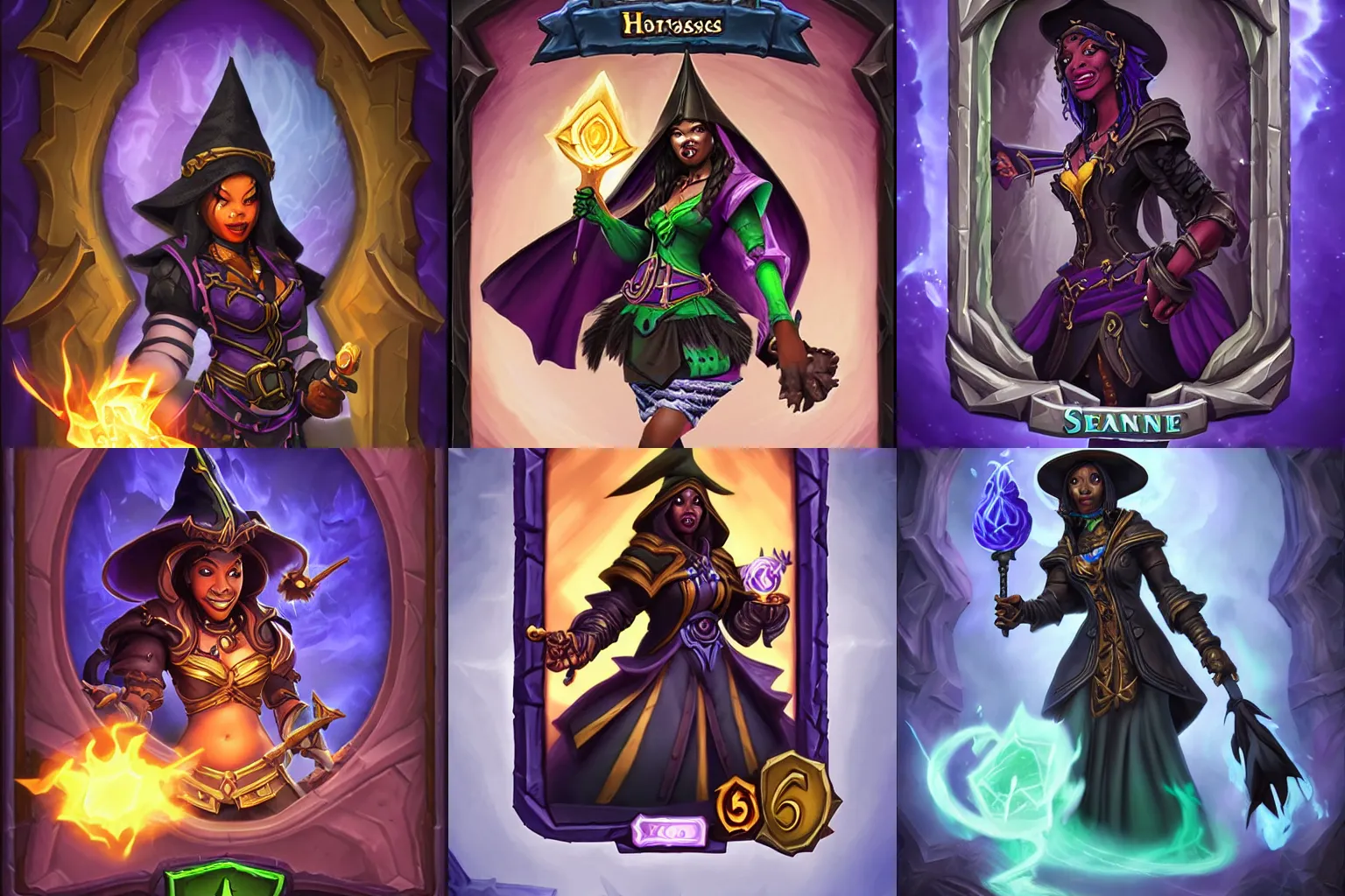Prompt: Official Hearthstone card profile splashart : The black sorceress with a witch hat and a scepter