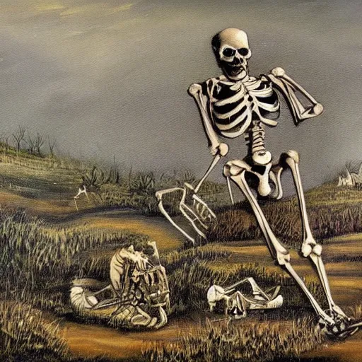 Image similar to a painting of a cat's skeleton walking around a field, in the style of bubonic plague paintings.