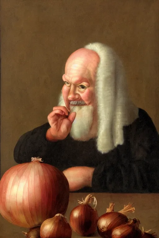 Prompt: onion man portrait, baroque painting, surrounding onions