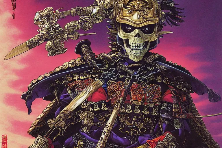 Image similar to portrait of a crazy skeletor samurai with japanese armor and helmet, by yoichi hatakenaka, masamune shirow, josan gonzales and dan mumford, ayami kojima, takato yamamoto, barclay shaw, karol bak, yukito kishiro