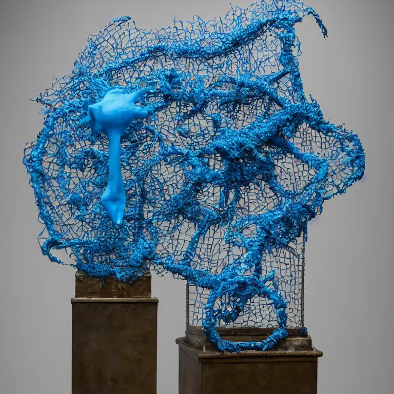 Image similar to hyperrealistic sculpture of a bronze fossilized wentletrap murex dusted with blue spraypaint in a grid cage on a pedestal by ron mueck and duane hanson and lee bontecou, hyperrealistic dramatic colored lighting trending on artstation 8 k