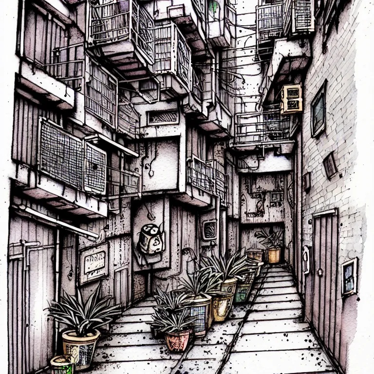 Image similar to an absurdly-detailed cyberpunk alleyway watercolor-calligraphy-pen drawing. Cats and Robots and Potted-Plants.