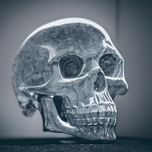 Image similar to high quality photo of crystal skull, photography 4k, f1.8 anamorphic, bokeh, 4k, Canon, Nikon