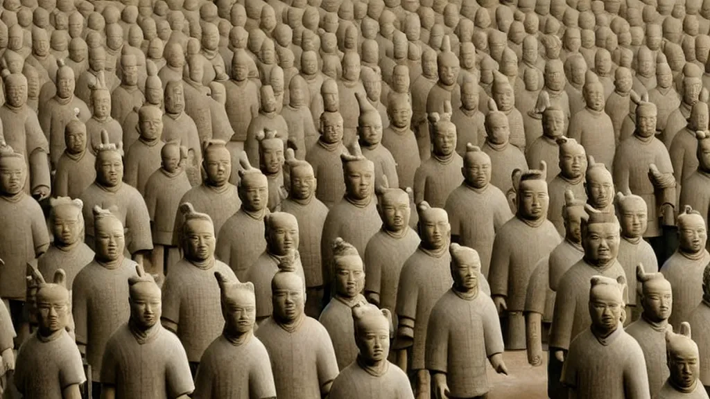 Prompt: A terracotta army of David Byrne in big suits, vintage photograph