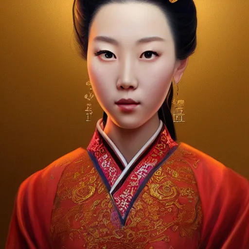 Image similar to 'hyper realism portrait of Chinese princess by Zhong, Fenghua, stunning, detailing, artstation trending, perfect lighting, golden hour'