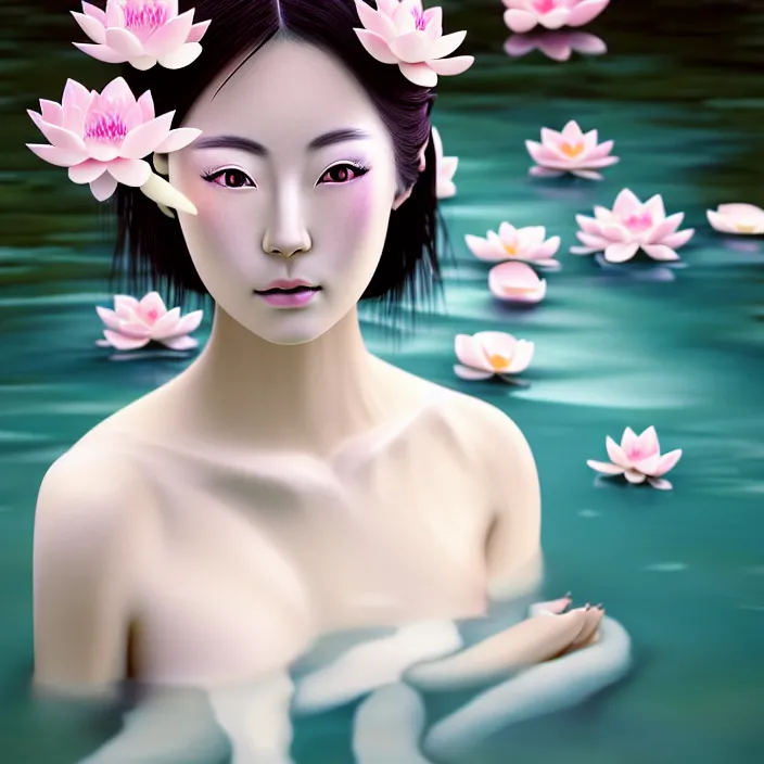 Prompt: Kodak Portra 400, 8K, soft light, volumetric lighting, highly detailed, Rena Nounen style 3/4 ,portrait photo of a Japanese ravishing Goddess how WLOP painter, the face emerges from the water of Pamukkale with lotus flowers, inspired by Ophelia paint , a beautiful chic dress and hair are intricate with highly detailed realistic beautiful flowers , Realistic, Refined, Highly Detailed, ethereal lighting colors scheme, outdoor fine art photography, Hyper realistic, photo realistic