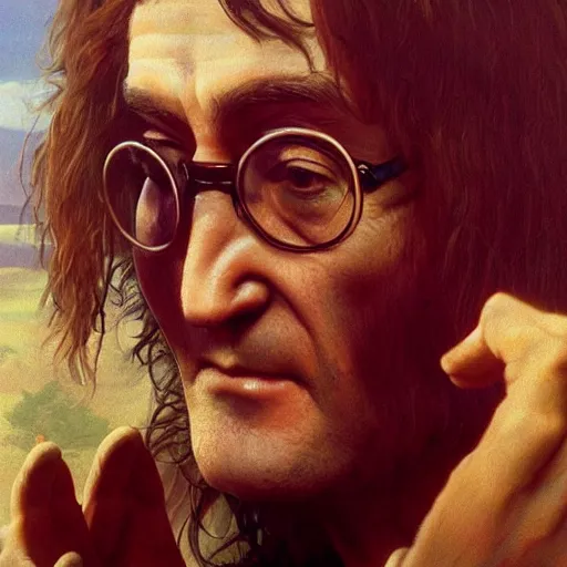 Image similar to john lennon as ritualistic cannibal, ultra realistic, concept art, intricate details, highly detailed, photorealistic, octane render, 8 k, unreal engine, art by frank frazetta, simon bisley, brom