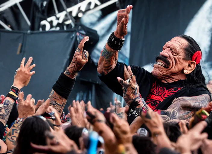 Image similar to photo still of danny trejo at vans warped tour!!!!!!!! at age 6 3 years old 6 3 years of age!!!!!!! stage diving at a crowd, 8 k, 8 5 mm f 1. 8, studio lighting, rim light, right side key light