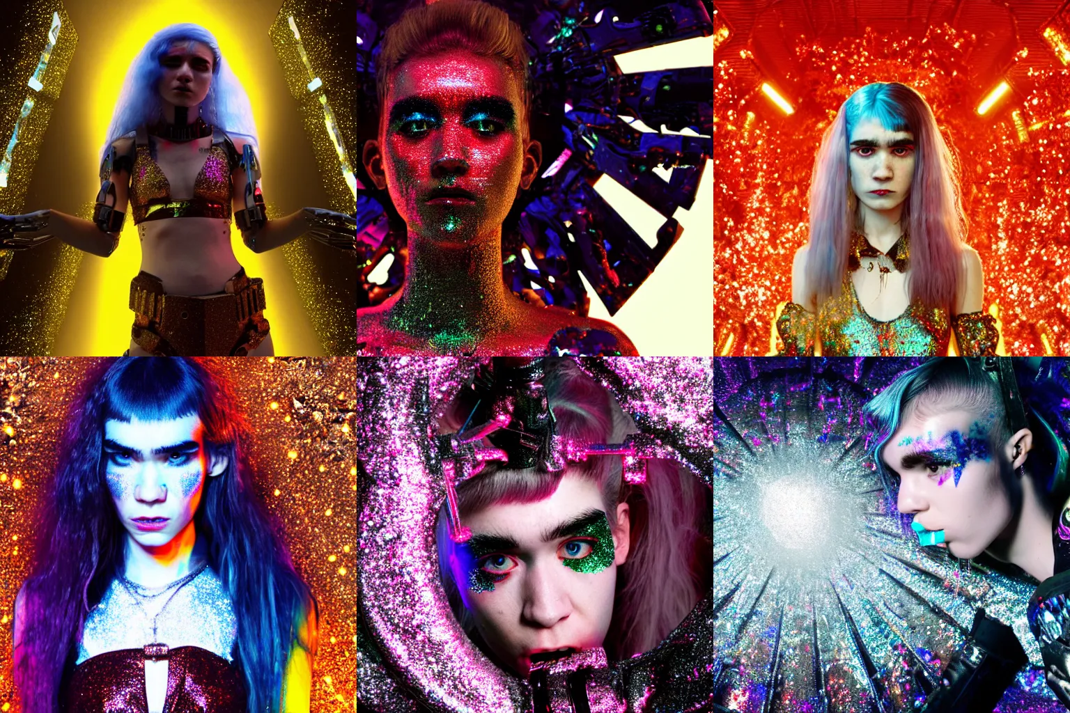 Image similar to a detailed cinematic symmetric wide shot render of Grimes as a cyborg covered with glitter in hell