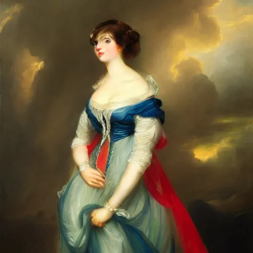 Image similar to A detailed oil painting of a beautiful Regency-era girl by Thomas Lawrence. The girl wears a 1810's style gown with the Empire silhouette.