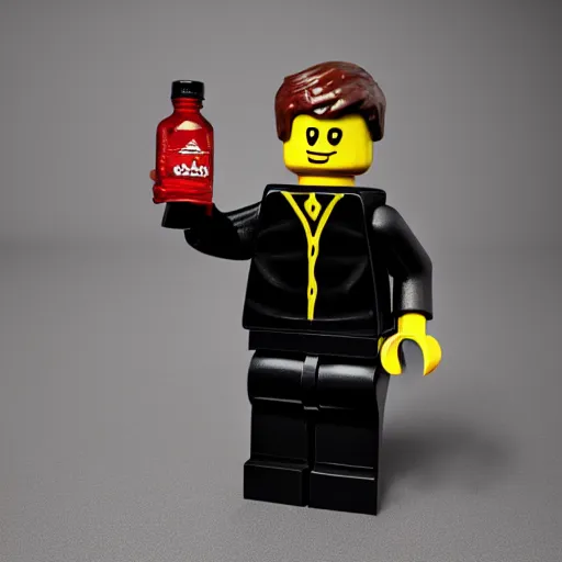 Image similar to photo of lego figure of men in black Adidas tracksuit holding a bottle