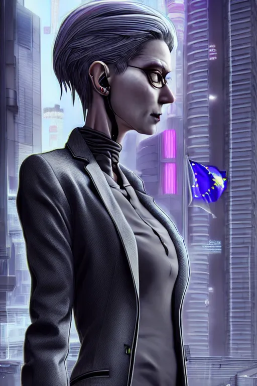 Image similar to hyperdetailed very close portrait of a european fourty years old skinny woman with grey eyes in a fabric suit with a pin in a cyberpunk city inspired by ross tran and wlop and masamune shirow and kuvshinov, concept art, intricate, photorealistic, octane render, rtx, hdr, unreal engine, dnd digital art by artgerm