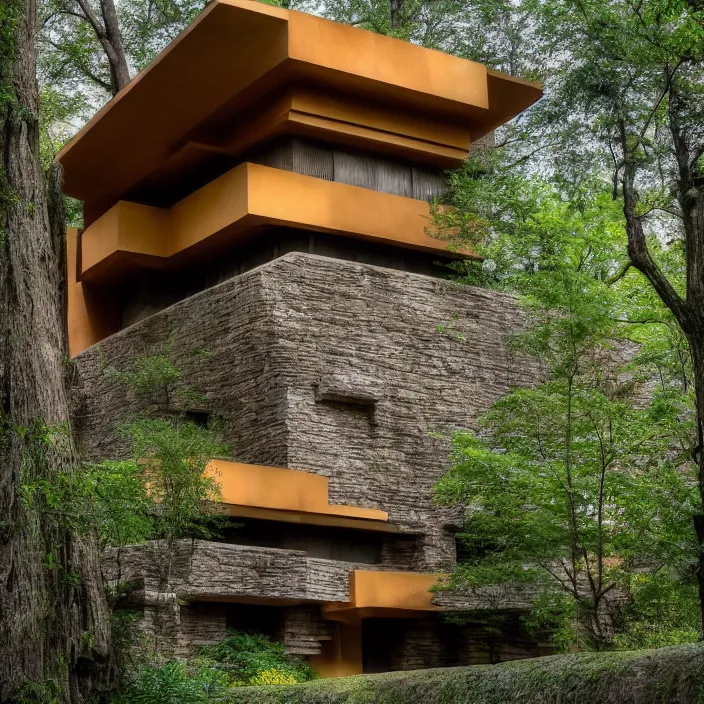 Image similar to a human face as a house by frank lloyd wright, eerie, lush trees, award winning photo, 8 k,