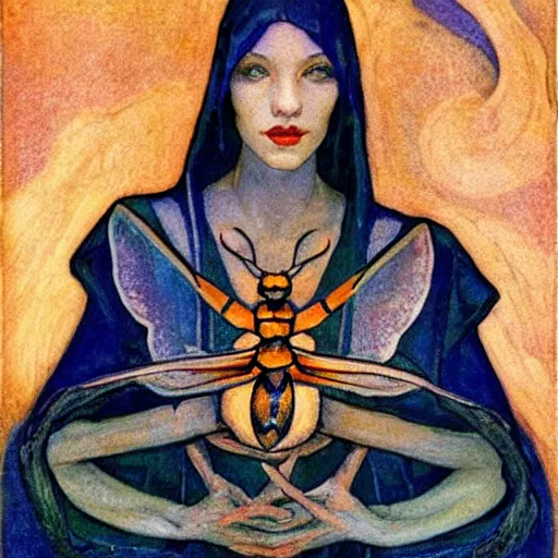 Image similar to the moth queen with her lantern, by Annie Swynnerton and Nicholas Roerich, bioluminescent skin, tattoos, elaborate costume, geometric ornament, symbolist, smooth, sharp focus, extremely detailed