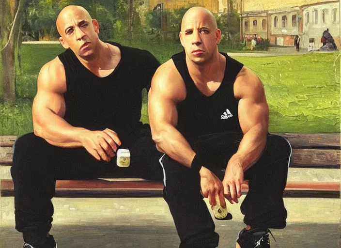 Image similar to vin diesel in black adidas sport costume, as gopnik character, sitting on a bench with a bottle of beer in the courtyard of a provincial russian town, oil on canvas, naturalism