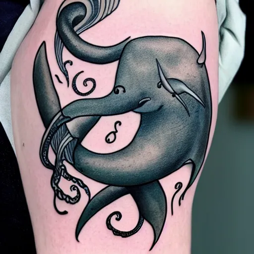 Image similar to white spermwhale fighting a kraken, awardwinning elegant modern tattoo design on white background