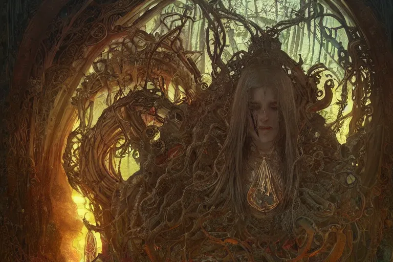 Image similar to a lovecraftian painting of a demonic shrine, occult, sacred ritual, cosmic horror elements, ultra realistic, concept art, intricate details, eerie, highly detailed, photorealistic, octane render, 8 k, unreal engine. art by artgerm and greg rutkowski and alphonse mucha