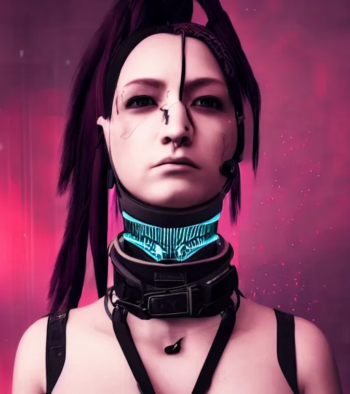 Image similar to detailed realistic female character cyberpunk wearing thick technological collar around neck, realistic, art, beautiful, 4K, collar, choker, collar around neck, punk, artstation, detailed, female, woman, choker, cyberpunk, neon, punk, collar, choker, collar around neck, thick collar, tight around neck, punk,