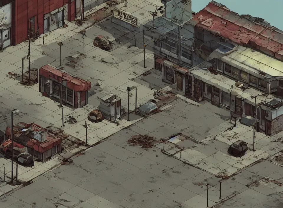 Image similar to Screenshot of the outside of an abandoned rusty McDonald restaurant in Fallout 2 (1998), isometric perspective, postapocalyptic, bird's eye view, prerendered isometric graphics, high quality