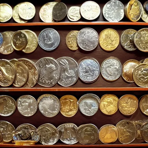 Image similar to An enormous treasure trove filled wall-to-wall with precious coins, wide shot, ultra-high definition, 4K, museum quality photo