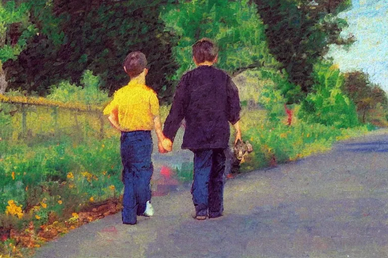 Image similar to a man with dark hair holding the hands of a young boy with dark hair as they walk down a suburban highway on a bright beautiful colorful day. in the style of an impressionist painting.