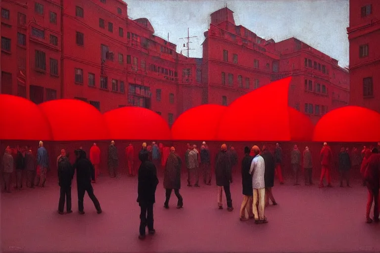 Prompt: only with red, a crowd with big smiles in the middle of a square, a paint in the middle, in the style of beksinski, parts by edward hopper, parts by rodcenko, parts by yue minjun, intricate and epic composition, red by caravaggio, insanely quality, highly detailed, masterpiece, red light, artstation, 4 k